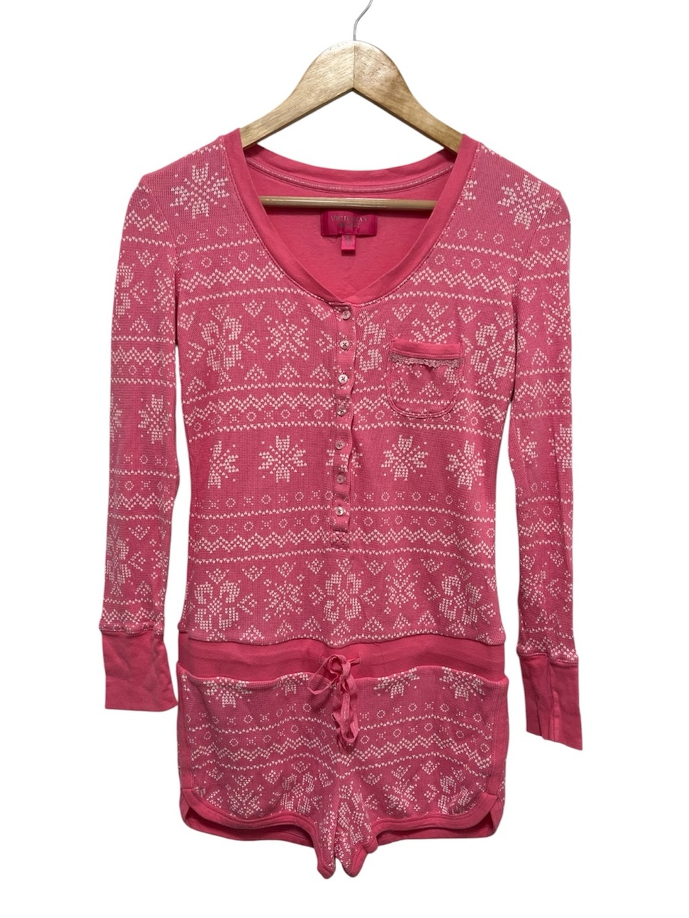 Victoria's Secret Waffle Knit Henley Romper cozy Fair Isle Snowflake Print S